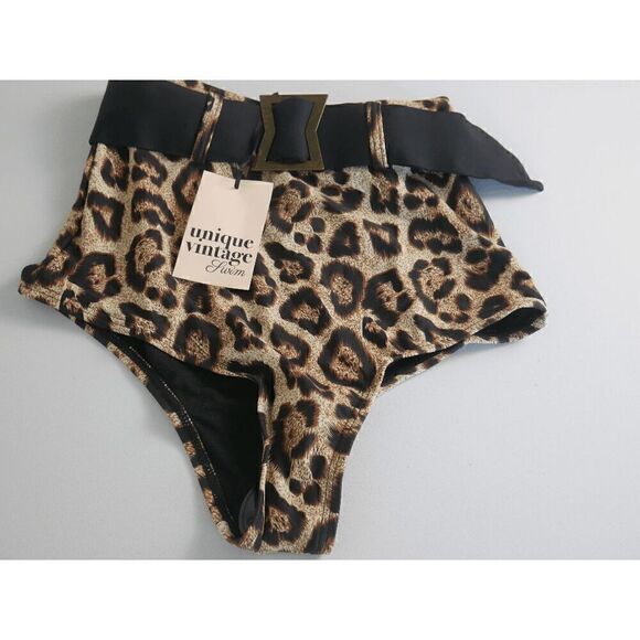 Unique Vintage Leopard Print High Waist Belted Swim Bottom XS - Picture 2 of 5